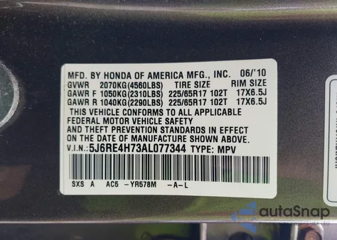 2010 Honda Cr-V Ex-L from USA, damaged, VIN 5J6RE4H73AL077344